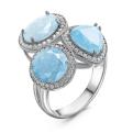 Кольцо из серебра с пл.кварцем цв.голубой и фианитами родированное