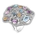 Кольцо из серебра с пл.кварцем цв.микс и фианитами родированное