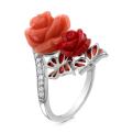 Кольцо из серебра с имит.кораллом, эмалью и фианитами родированное
