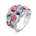 Кольцо из серебра с пл.кварцем цв.рубин, сапфир и фианитами родированное