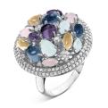 Кольцо из серебра с пл.кварцем цв.сапфир,топаз,аметист,розовый и фианитами родированное