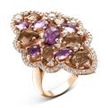 Кольцо из золочёного серебра с пл.кварцем цв.аметист, цв.раухтопаз и фианитами