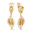 Серьги из золочёного серебра с пл.кварцем цв.цитрин и фианитами