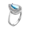 Кольцо из серебра с пл.кварцем цв.сапфир и фианитами родированное 