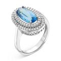 Кольцо из серебра с пл.кварцем цв.сапфир и фианитами родированное