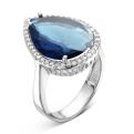 Кольцо из серебра с пл.кварцем цв.сапфир и фианитами родированное