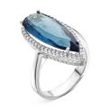 Кольцо из серебра с пл.кварцем цв.сапфир и фианитами родированное