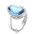 Кольцо из серебра с пл.кварцем цв.сапфир и фианитами родированное