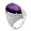 Кольцо из серебра с пл.кварцем цв.аметист и фианитами родированное