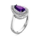 Кольцо из серебра с пл.кварцем цв.аметист и фианитами родированное