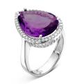 Кольцо из серебра с пл.кварцем цв.аметист и фианитами родированное