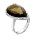 Кольцо из серебра с пл. кварцем цв. раух-топаз и фианитами родированное