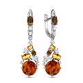 Серьги из серебра с прес.нат.янтарём, пл.кварцем и фианитами родированные