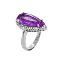 Кольцо из серебра с пл.кварцем цв.аметист и фианитами родированное