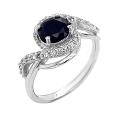 Кольцо из серебра с пл.кварцем цв.сапфир и фианитами родированное