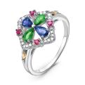 Кольцо из серебра с пл.кварцем цв.гранат,сапфир,зелёный и фианитами родированное