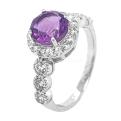 Кольцо из серебра с нат.аметистом и фианитами родированное