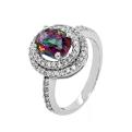 Кольцо из серебра с пл.кварцем цв.мистик и фианитами родированное