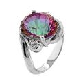 Кольцо из серебра с пл.кварцем цв.мистик и фианитами родированное