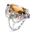 Кольцо из серебра с пл.кварцем цв.цитрин и фианитами родированное
