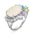 Кольцо из серебра с пл.кварцем цв.лунный камень, топаз, аметист, хризолит и фианитами родированное