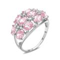 Кольцо из серебра с пл.кварцем цв.розовый и фианитами родированное