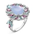 Кольцо из серебра с пл.кварцем цв.лунный камень и фианитами родированное