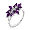 Кольцо из серебра с пл.кварцем цв.аметист и фианитами родированное