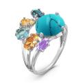 Кольцо из серебра с рек.бирюзой и пл.кварцами родированное