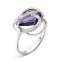 Кольцо из серебра с пл.кварцем цв.аметист и фианитами родированное