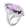 Кольцо из серебра с пл.кварцем цв.аметист и фианитами родированное