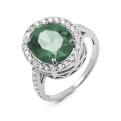 Кольцо из серебра с пл.кварцем цв.зелёный и фианитами родированное