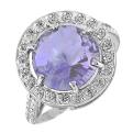 Кольцо из серебра с пл.кварцем цв.сиреневый и фианитами родированное