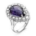 Кольцо из родированного серебра с пл.кварцем цв аметист и фианитами