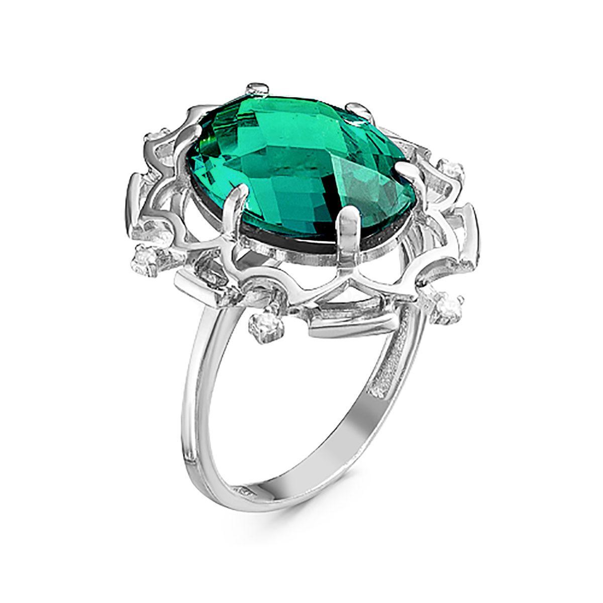 Кольцо из серебра с пл.кварцем цв.параиба и фианитами родированное