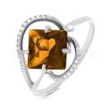 Кольцо из серебра с пл.кварцем цв.цитрин и фианитами родированное