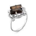 Кольцо из серебра с пл.кварцем цв.раухтопаз и фианитами родированное