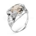Кольцо из серебра с пл.кварцем цв.дымчатый и фианитами родированное
