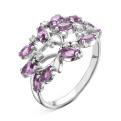 Кольцо из серебра с пл.кварцем цв.аметист и фианитами родированное