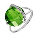 Кольцо из серебра с пл.кварцем цв.хризолит и фианитами родированное