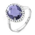 Кольцо из серебра с пл.кварцем цв.аметист и фианитами родированное