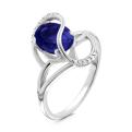 Кольцо из серебра с пл.кварцем цв.сапфир и фианитами родированное