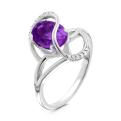 Кольцо из серебра с пл.кварцем цв.аметист и фианитами родированное