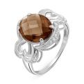 Кольцо из серебра с пл.кварцем цв.раухтопаз и фианитами родированное