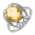 Кольцо из серебра с пл.кварцем цв.цитрин и фианитами родированное