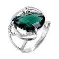 Кольцо из серебра с пл.кварцем цв.изумруд и фианитами родированное