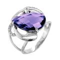 Кольцо из серебра с пл.кварцем цв.аметист и фианитами родированное