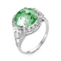 Кольцо из серебра с пл.кварцем цв.зелёный и фианитами родированное