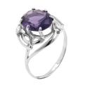 Кольцо из родированного серебра с пл. кварцем аметист и фианитами