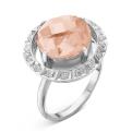 Кольцо из серебра с пл.кварцем цв.розовый и фианитами родированное